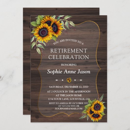 Rustieke waterverf zonnebloemen houten pensionerin kaart (Voorkant / Achterkant)