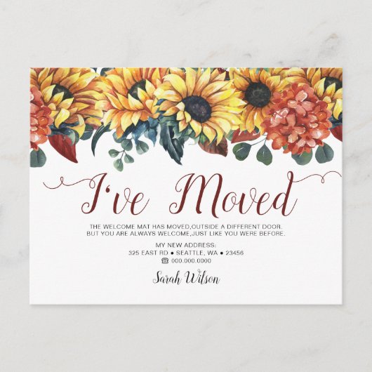 Rustieke Waterverf Zonnebloemen Ik ben verhuisd Aankondigingskaart (Voorkant)