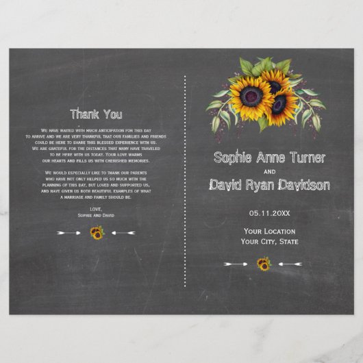 Rustieke waterverf zonnebloemen krijt trouwprogram flyer (Voorkant)