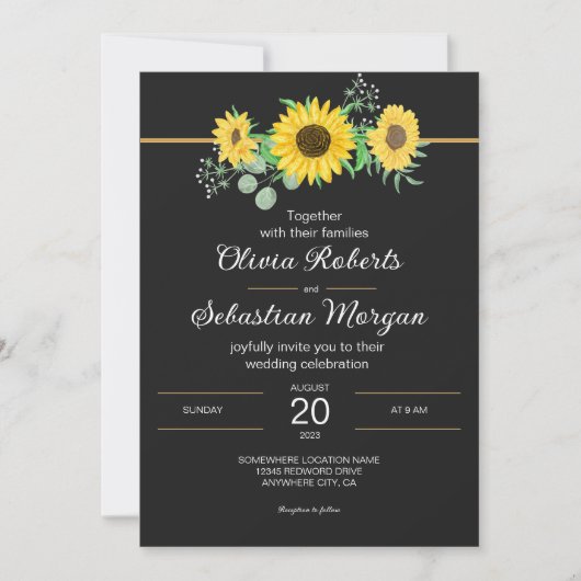 Rustieke Waterverf Zonnebloemen Zwart Bruiloft Kaart (Voorkant)