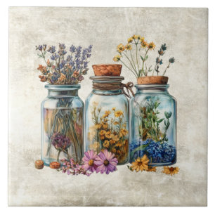 Rustieke waterverfpotten met kruiden en bloemen tegeltje