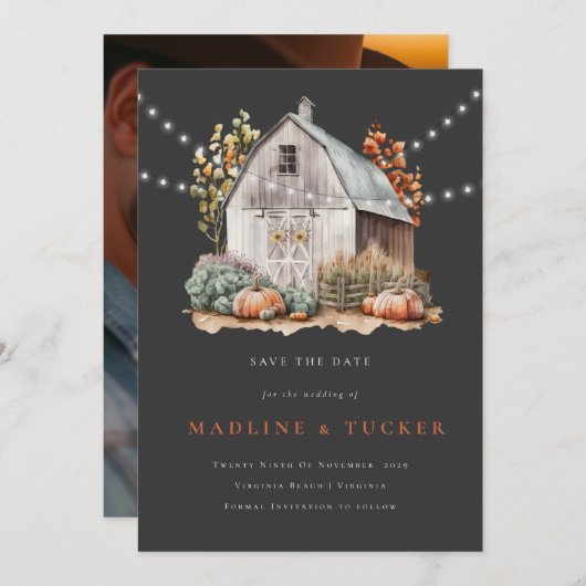 Rustieke Wedding Barn Lights Foto Save the Date Kaart (Voorkant / Achterkant)