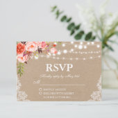 Rustieke Wedding Kraft Koraal Bloemen Lichten Lace RSVP Kaartje (Staand voorkant)