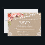 Rustieke Wedding Kraft Koraal Bloemen Lichten Lace RSVP Kaartje<br><div class="desc">Rustieke Wedding String Lights Kant Waterverf Koraal Bloemen RSVP Kraft Kaart</div>