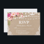 Rustieke Wedding Kraft Roze Bloemen Lichten Kant R RSVP Kaartje<br><div class="desc">Rustieke Wedding String Lights Kant Waterverf Roze Blush Bloemen RSVP Kraft Kaart</div>