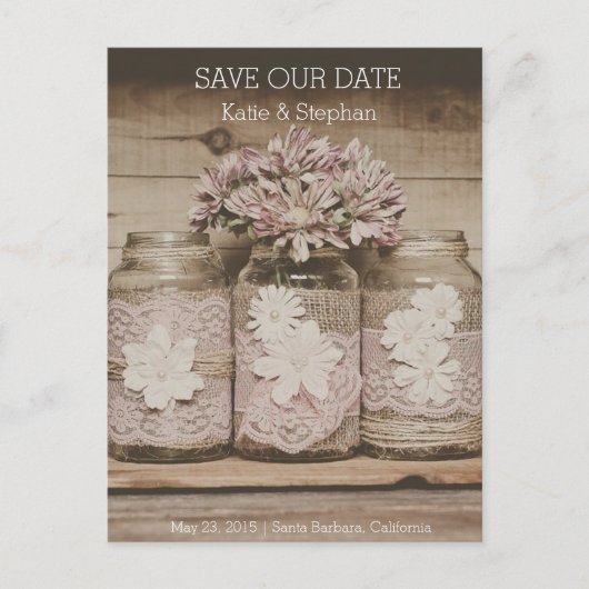 Rustieke Wedding Lace Jars SAVE THE DATE Briefkaar Aankondigingskaart (Voorkant)