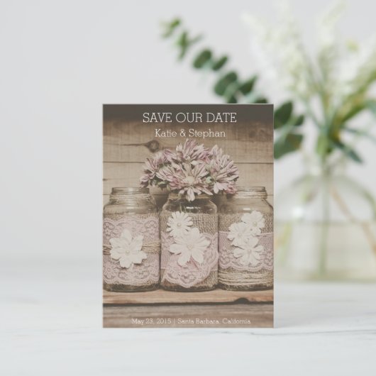 Rustieke Wedding Lace Jars SAVE THE DATE Briefkaar Aankondigingskaart (Staand voorkant)