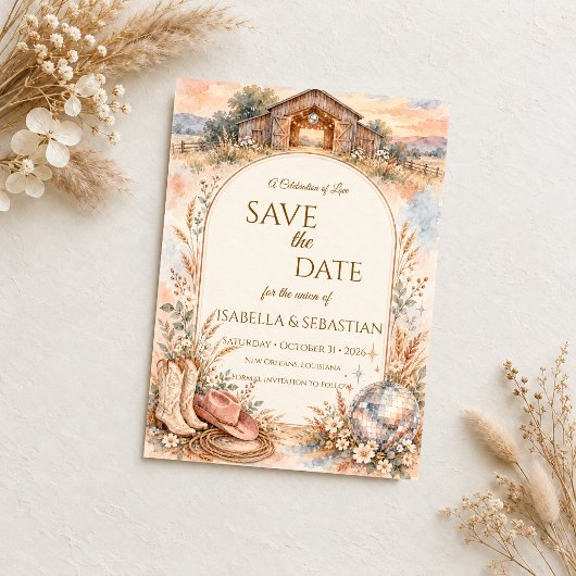 Rustieke Western Disco Bruiloft Save The Date