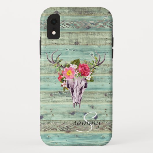 Rustieke Western Turquoise Houten Herten Schedel M Case-Mate iPhone Case (Achterkant)