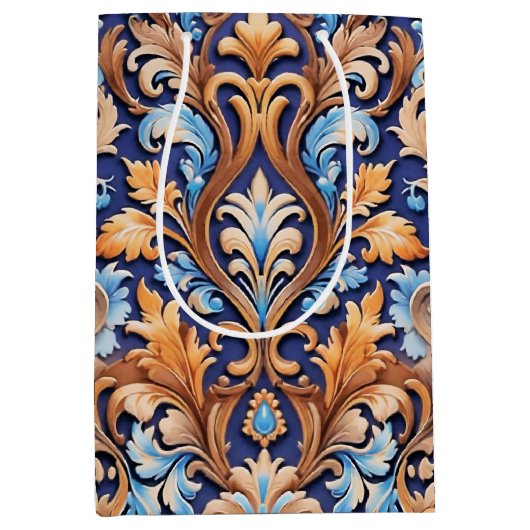 Rustieke Westerne Bloemen Damask Pattern Denim Lea Medium Cadeauzakje (Voorkant)