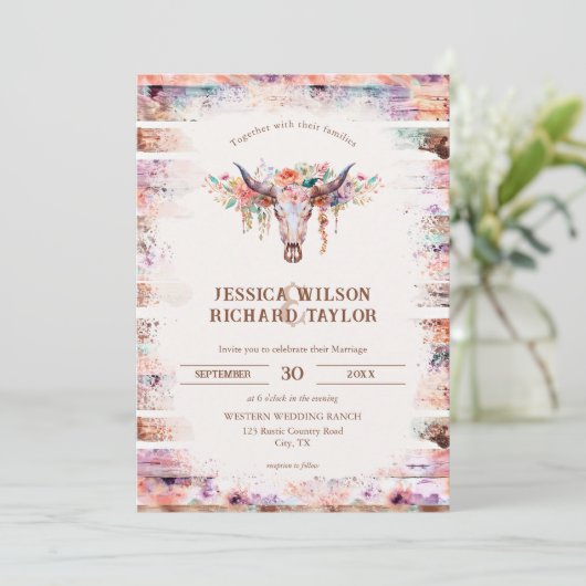 Rustieke Westerne Boho Floral Koe schedel Kaart (Staand voorkant)