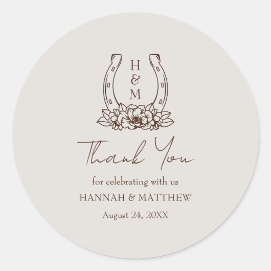 Rustieke Westerne Boho Hoefijzer bruiloft Dank u Ronde Sticker (Voorkant)