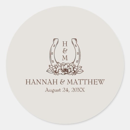 Rustieke Westerne Boho Hoefijzer bruiloft Ronde Sticker (Voorkant)