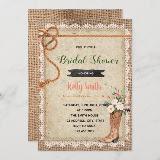 Rustieke westerne bruidsdoucheuitnodiging kaart (Voorkant / Achterkant)