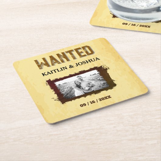 Rustieke Westerne bruiloft 🤠 GEZOCHT Foto Kartonnen Onderzetters (Schuin)