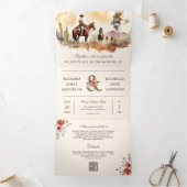 Rustieke Westerne Cowboy Alles in een QR-code brui Drieluik Uitnodiging (Binnen)