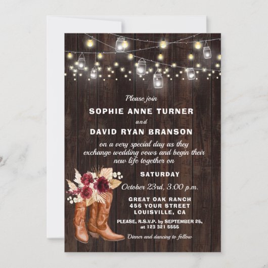 Rustieke Westerne cowboylaarzen pampas gras bruilo Kaart (Voorkant)