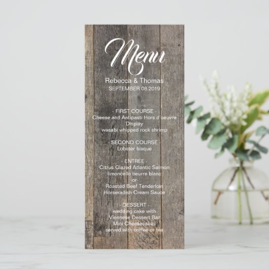 rustieke westerne land houtnerf schuur bruiloft menu (Staand voorkant)