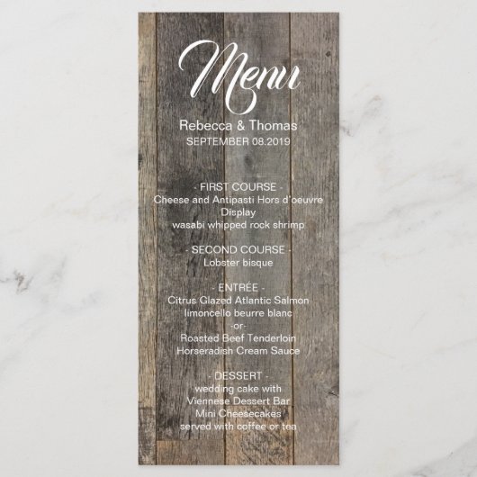 rustieke westerne land houtnerf schuur bruiloft menu (Voorkant)