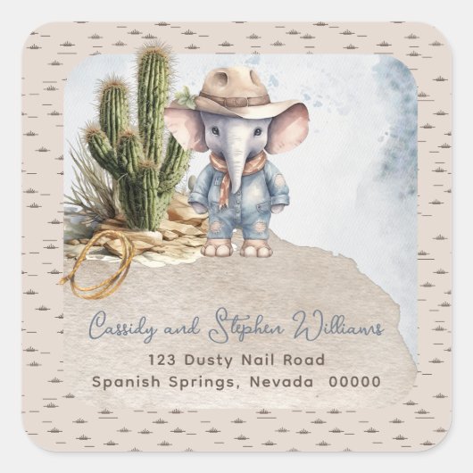Rustieke Westerne Olifant Cowboy retouradres Vierkante Sticker (Voorkant)