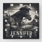 Rustieke Westerne Paard en Boerderij Scene Vierkante Klok (Voorkant)