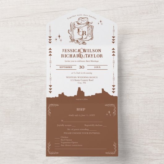 Rustieke Westerne woestijn cowboylaarzen schedel All In One Uitnodiging (Binnen)