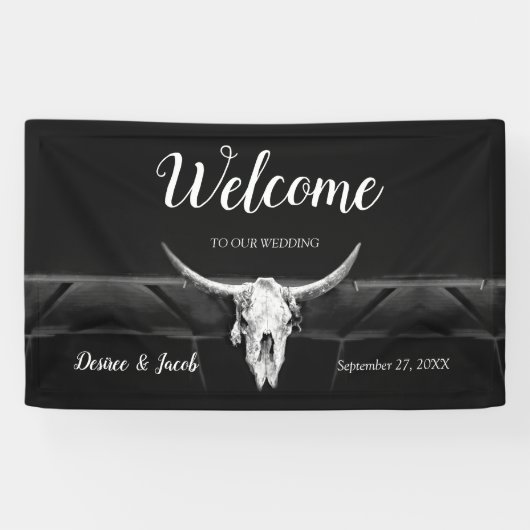 Rustieke Westerne zwart-witte stier schedel welkom Spandoek (Horizontaal)