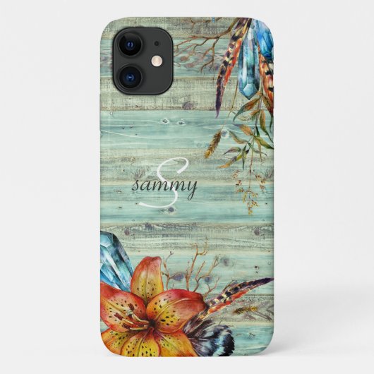 Rustieke Westerse Turquoise Hout Boho Bloemige Mon Case-Mate iPhone Case (Achterkant)