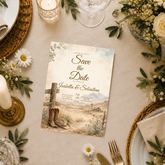Rustieke Westerse Woestijn Bruiloft Save The Date