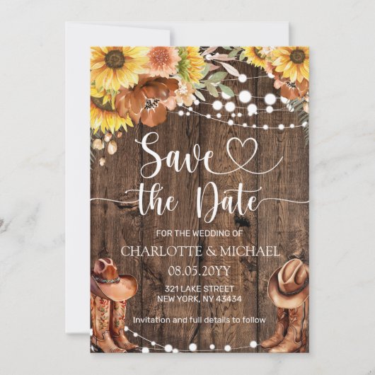 Rustieke Westerse Zonnebloem Save the Date Trouwka Kaart (Voorkant)