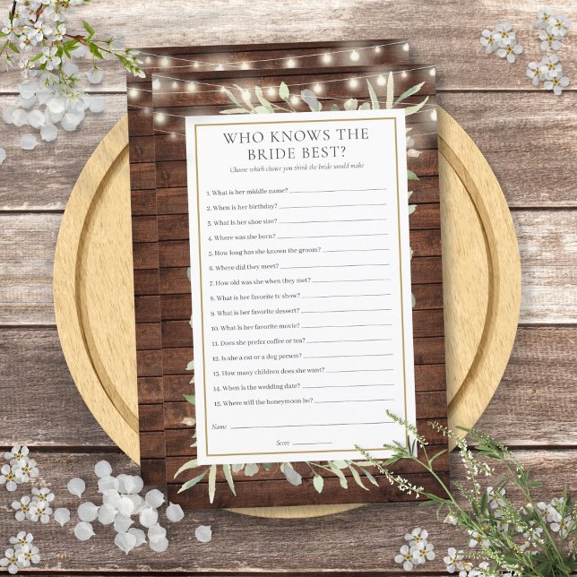Rustieke 'Wie Kent de Bruid het Best' Bruidsfeest  (Rustic Who Knows The Bride Best Bridal Shower Game)