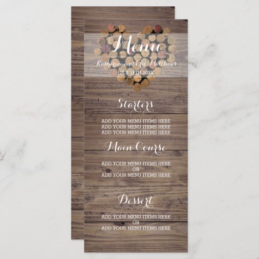 Rustieke wijn kurk menu (Voorkant / Achterkant)