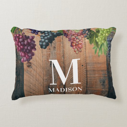 Rustieke Wijngaard Hout & Druiven Monogram Accent Kussen (Voorkant)