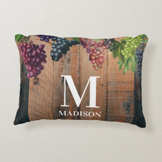 Rustieke Wijngaard Hout & Druiven Monogram Accent Kussen (Achterkant)