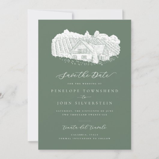 Rustieke wijngaard illustratie Sage Green bruiloft Save The Date (Voorkant)