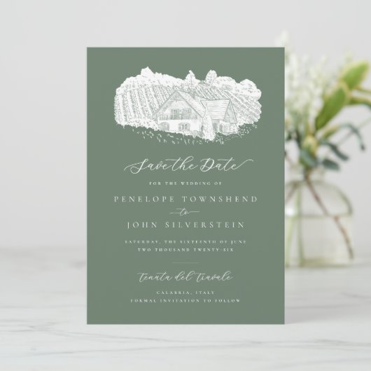 Rustieke wijngaard illustratie Sage Green bruiloft Save The Date (Staand voorkant)