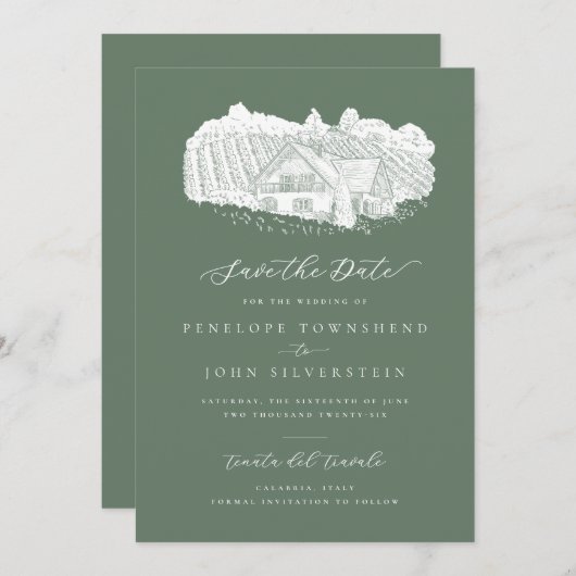 Rustieke wijngaard illustratie Sage Green bruiloft Save The Date (Voorkant / Achterkant)