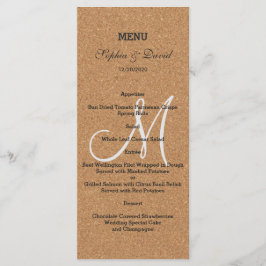 Rustieke wijnkurk trouwmenu met monogram menu