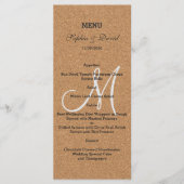Rustieke wijnkurk trouwmenu met monogram menu (Voorkant)