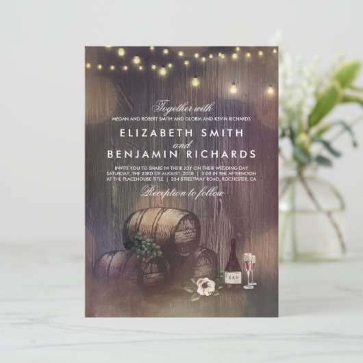 Rustieke wijnmakerij en strijklichten bruiloft kaart (Staand voorkant)