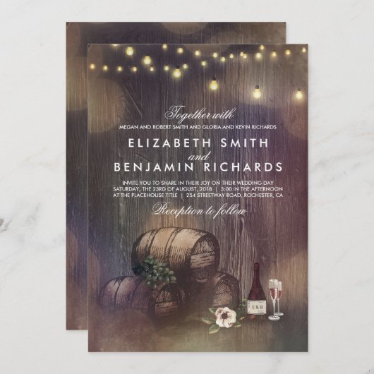 Rustieke wijnmakerij en strijklichten bruiloft kaart (Voorkant / Achterkant)