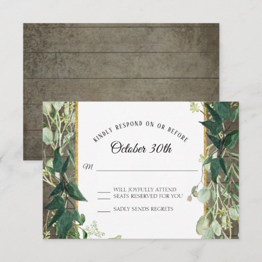 Rustieke wijnmakerij Eucalyptusblad Loofhout RSVP Kaart (Voorkant / Achterkant)