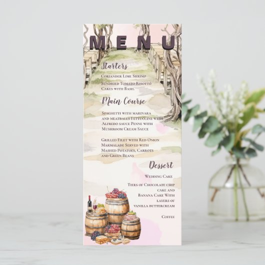 Rustieke wijnstokken-geïnspireerde wijnmakerij huw menu (Staand voorkant)