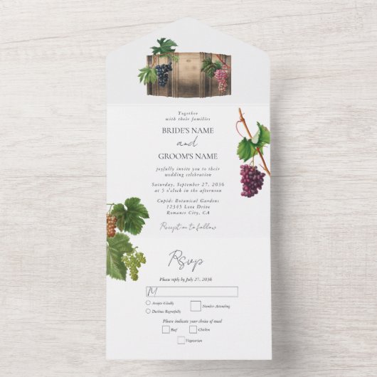 Rustieke wijnvat wijnmakerij wijngaard bruiloft all in one uitnodiging (Binnen)