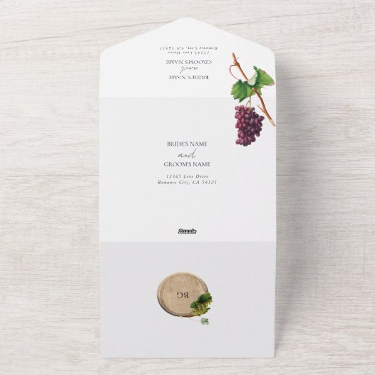 Rustieke wijnvat wijnmakerij wijngaard bruiloft all in one uitnodiging (Buitenkant)