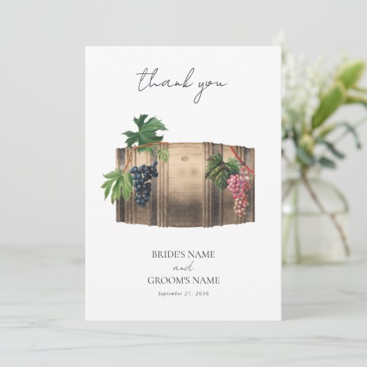 Rustieke wijnvat wijnmakerij wijngaard bruiloft bedankkaart (Staand voorkant)