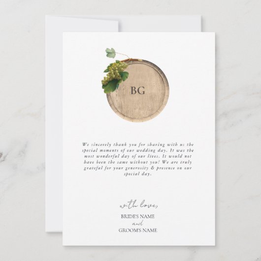 Rustieke wijnvat wijnmakerij wijngaard bruiloft bedankkaart (Achterkant)