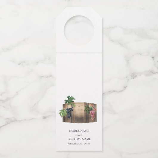 Rustieke wijnvat wijnmakerij wijngaard bruiloft flessenhanger (Voorkant)