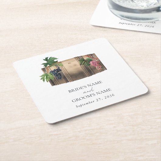 Rustieke wijnvat wijnmakerij wijngaard bruiloft kartonnen onderzetters (Schuin)