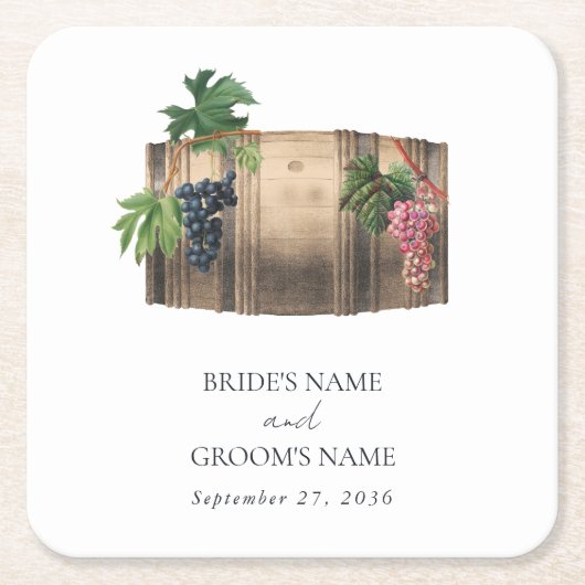 Rustieke wijnvat wijnmakerij wijngaard bruiloft kartonnen onderzetters (Voorkant)